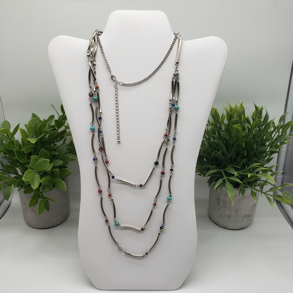 Elegant Long Silver Tone Necklace with Colorful Beads